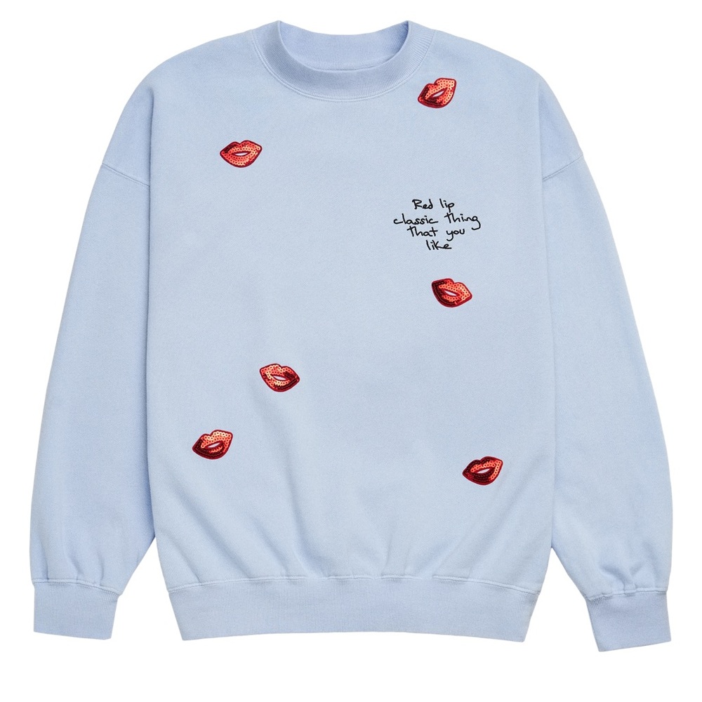 Taylor Swift Light Blue Sweatshirt with Red Lip Embroidery